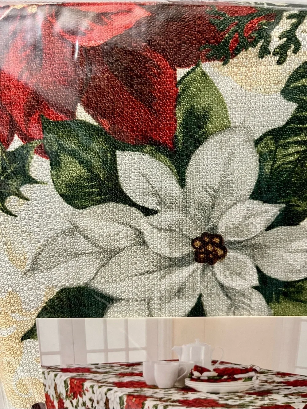 St. Nicholas Square Christmas Tablecloth Oblong 60x84 NWT Poinsettia Holly